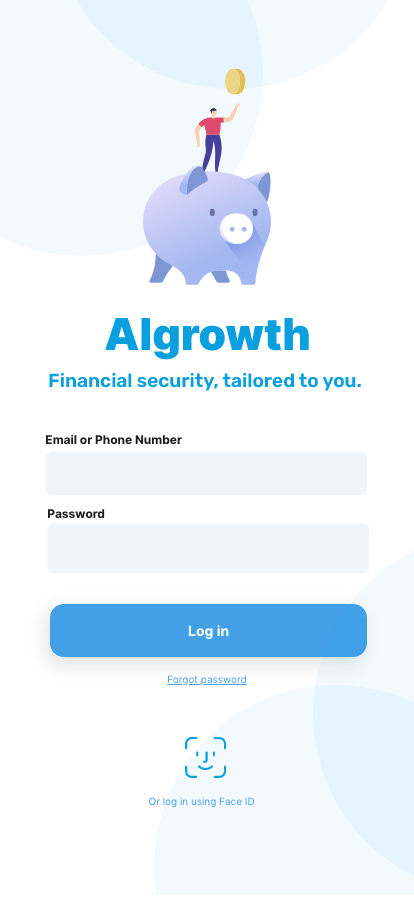Login Screen for AlGrowth - featuring two input fields, one for email and one for password. Button to log in. Option to use FaceID to log in.
