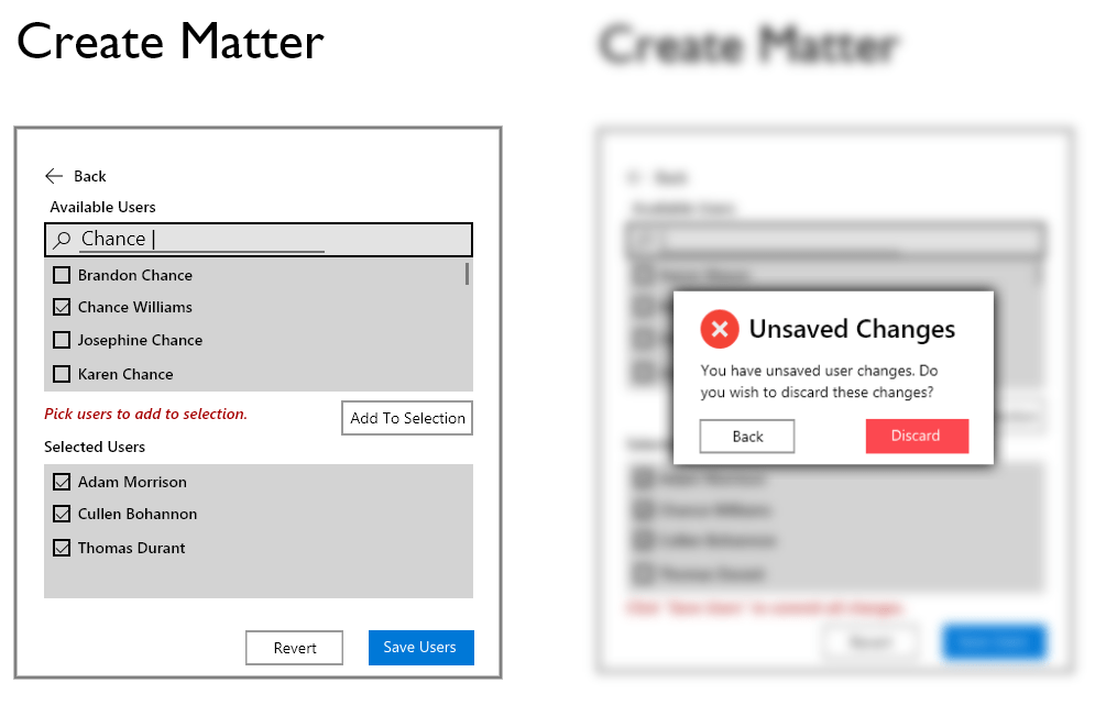 Two sample screens from the "Create Matter" flow.